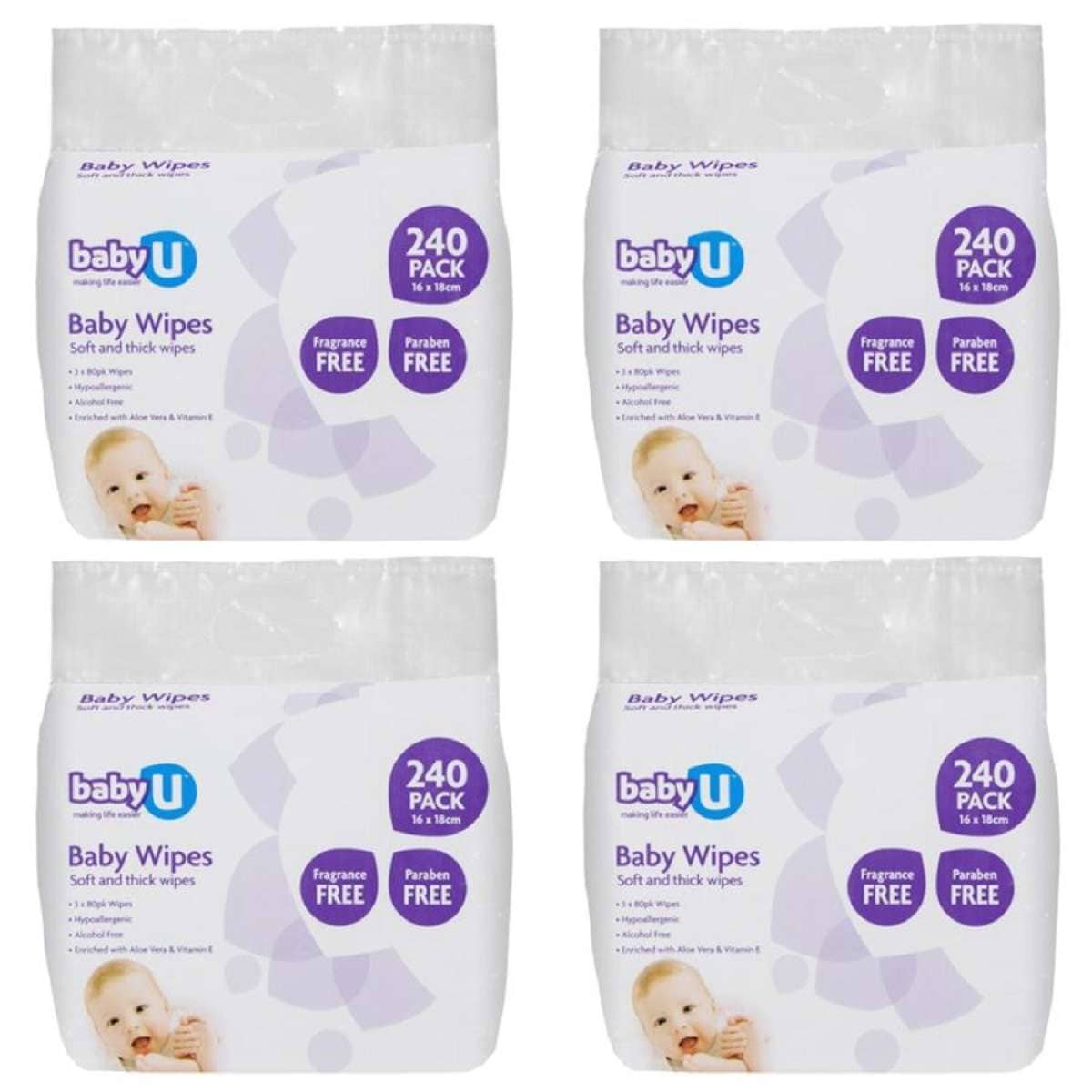 4x 240pc BabyU Baby/Infant/Kids Alcohol/Fragrance Free Absorbent Wet Wipes