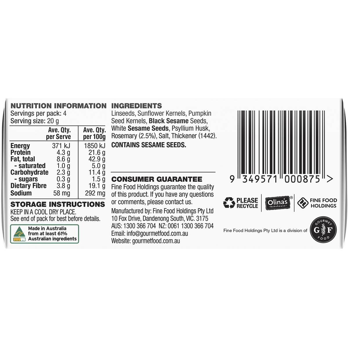 Olina's Bakehouse Simply Seed Crackers Rosemary 80g Woolworths