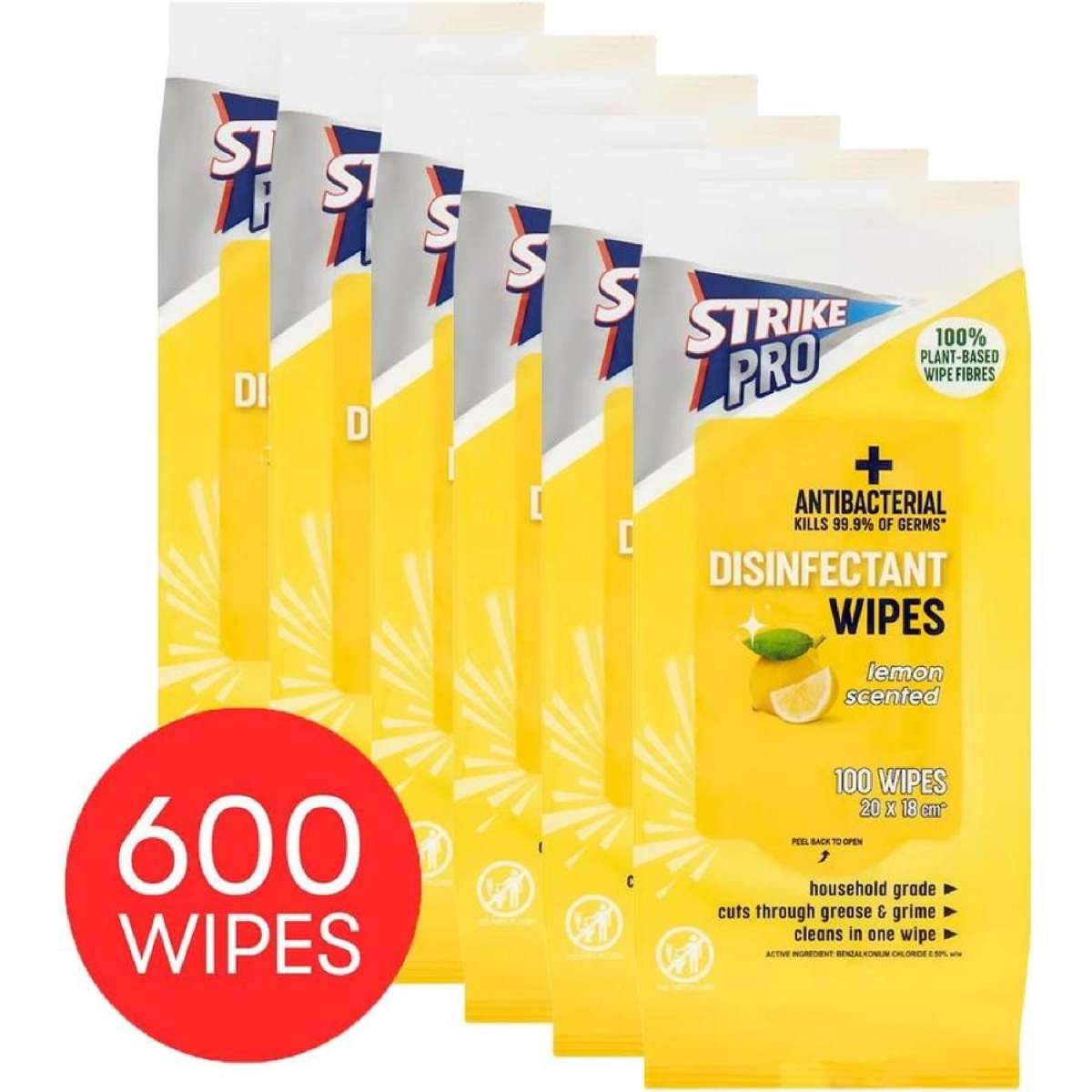 Strike Pro Disinfectant Wipes 100 Wipes x 6 Packs - Lemon