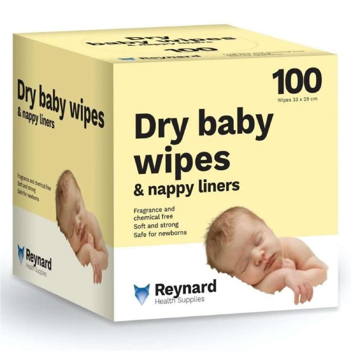 Reynard Health Supplies Ultra-Soft Dry Baby Wipes, Chemical & Fragrance Free, White, 33 x 29 cm, 100 Count