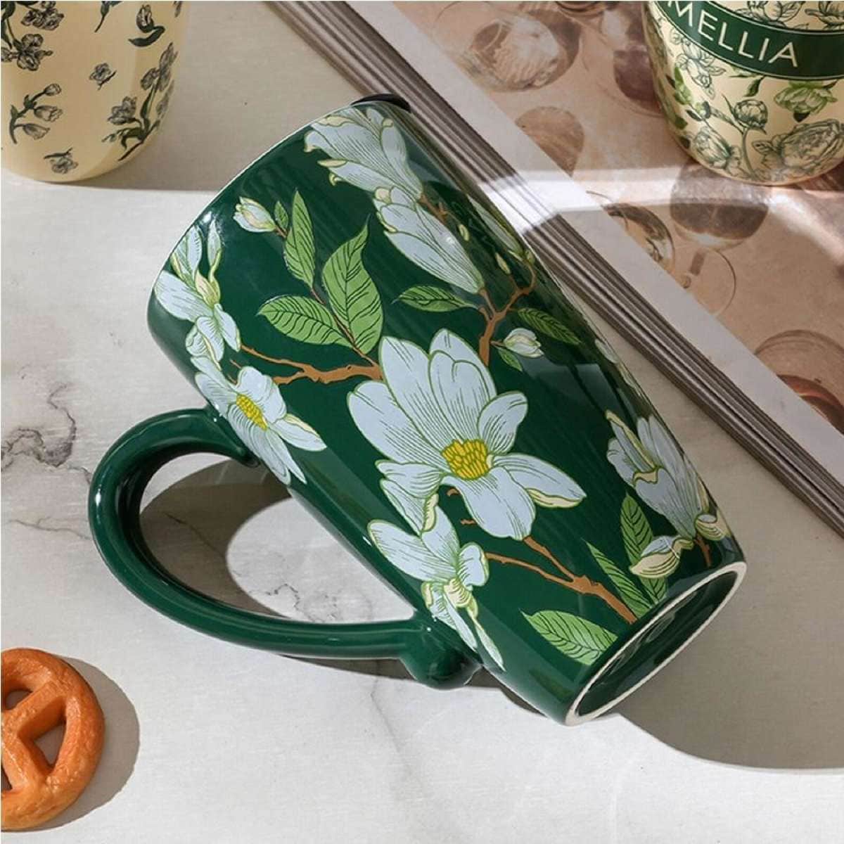 2X High-Fired Ceramic Porcelain Mug with Travel Lid 600ml Vintage Floral  GREEN | Woolworths