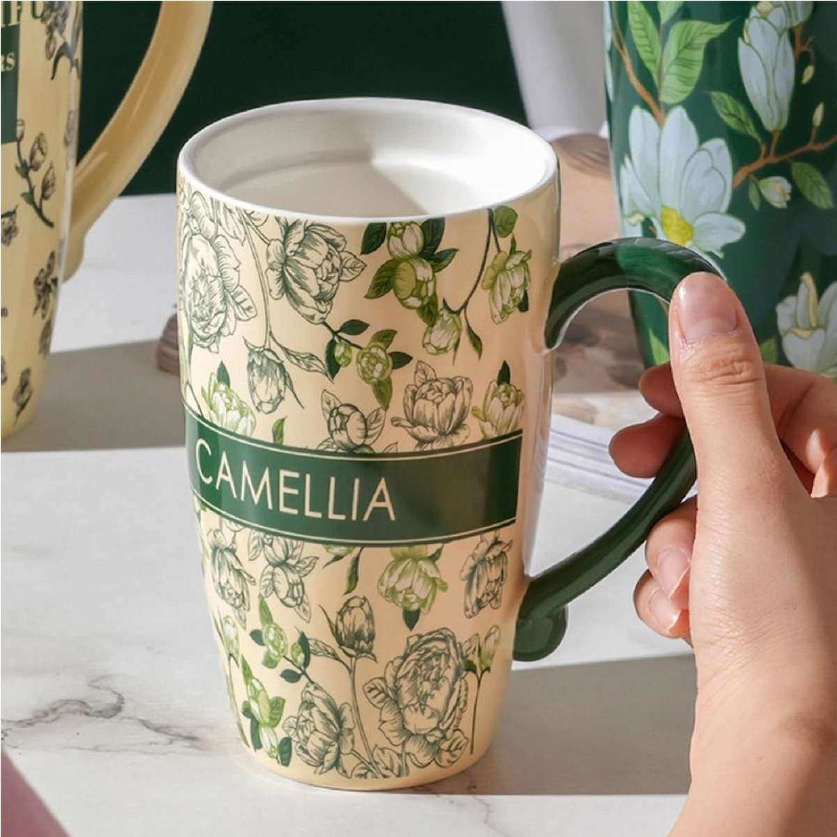 2X High-Fired Ceramic Porcelain Mug with Travel Lid 600ml Vintage Floral  GREEN | Woolworths