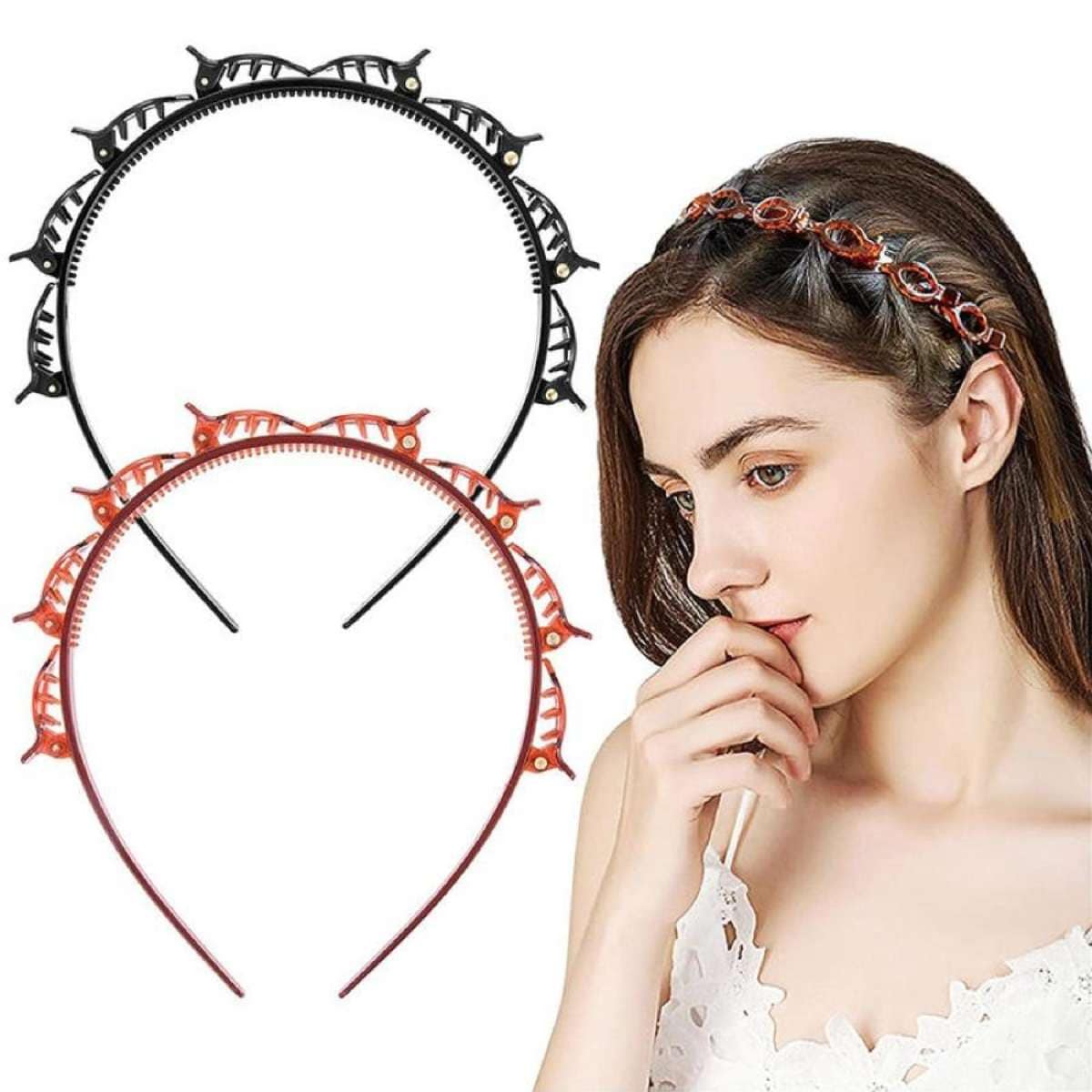 Nevenka 2 Pcs Double Twist Plait Headband with Alligator Clip for Women-SetA