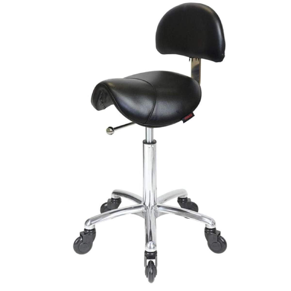 Saddle Black Salon Stool with Back - Chrome Base - Click'n Clean Castor Wheels