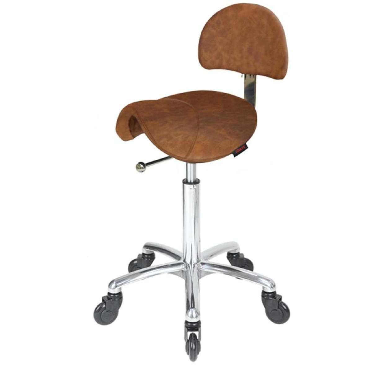 Saddle Tan Salon Stool with Back - Chrome Base - Click'n Clean Castor Wheels
