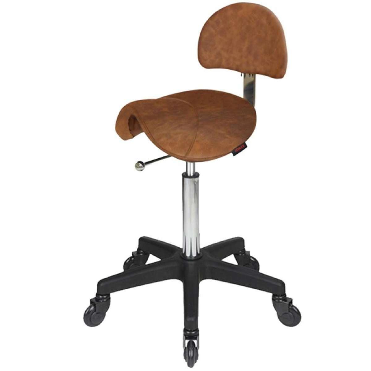 Saddle Tan Salon Stool with Back - Black Base - Click'n Clean Castor Wheels