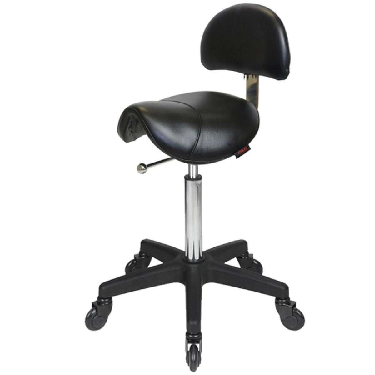 Saddle Black Salon Stool with Back - Black Base - Click'n Clean Castor Wheels