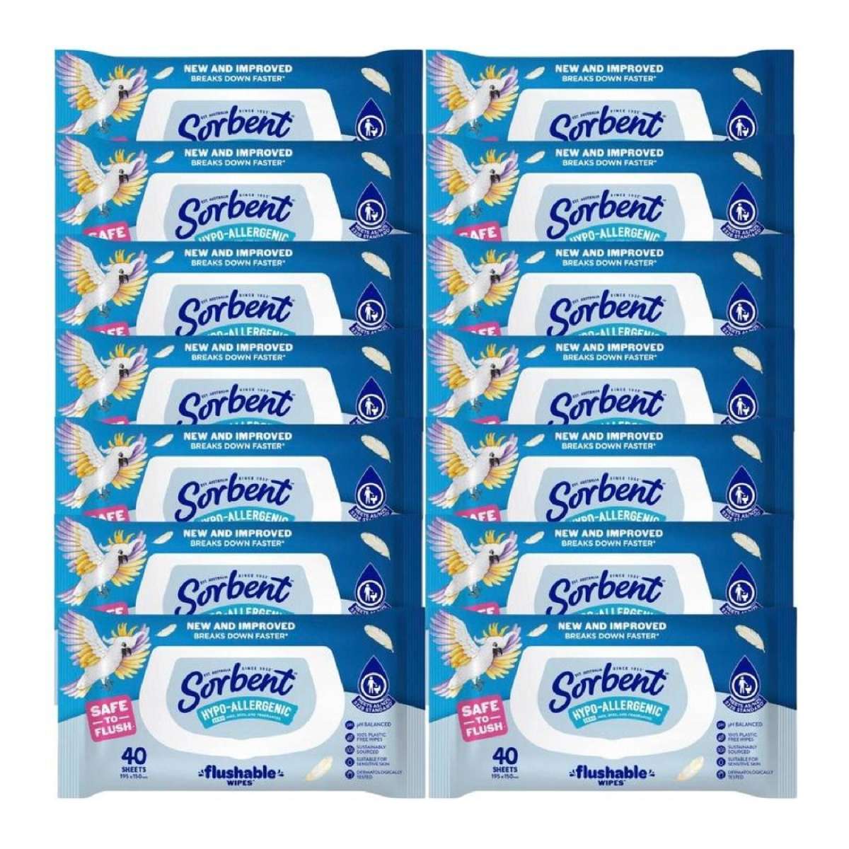 Sorbent Hypo-Allergenic Flushable Wipes 40 Pack – Bulk 14-Pack (560 Wipes)