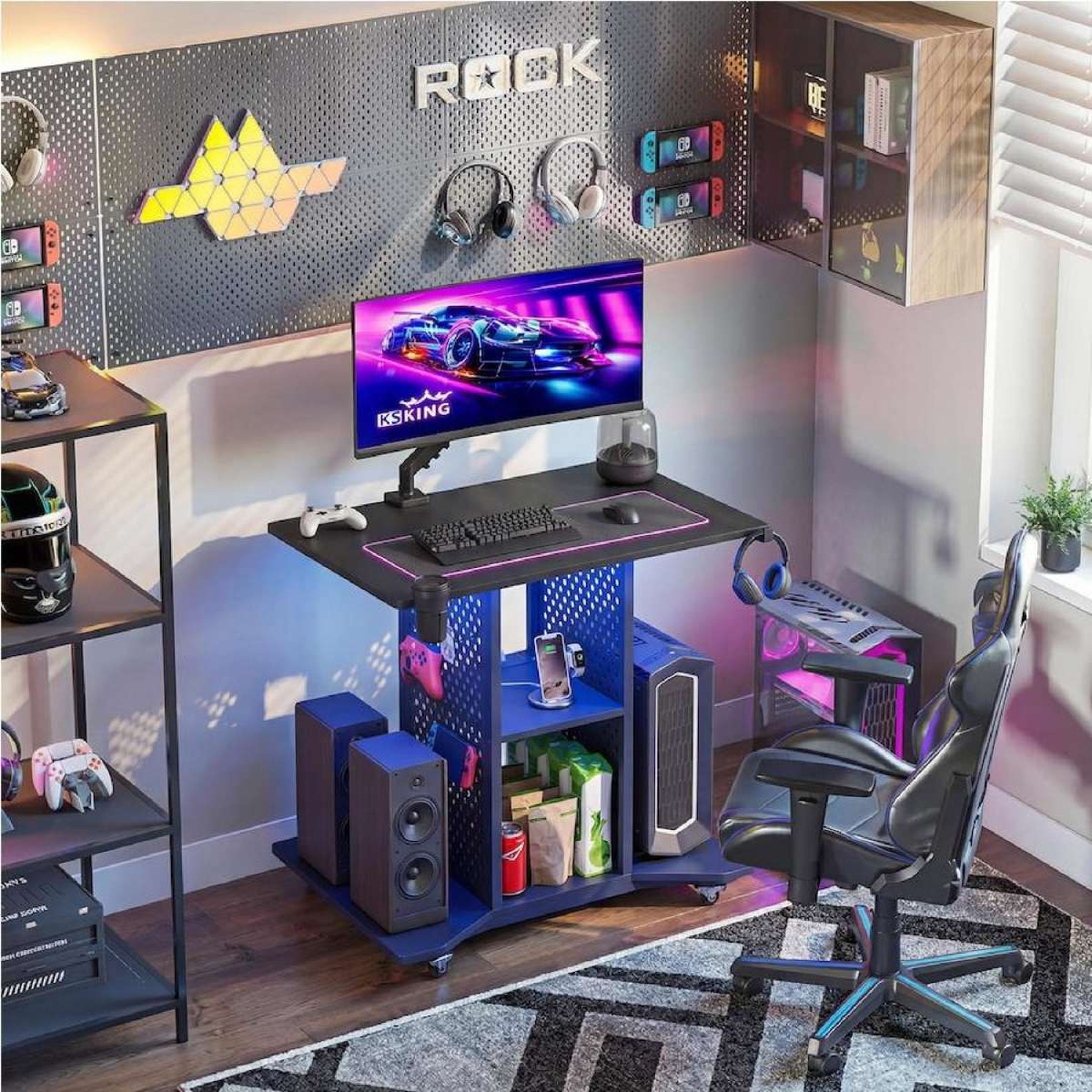 Advwin 80cm LED Gaming Desk with Wheels and Power