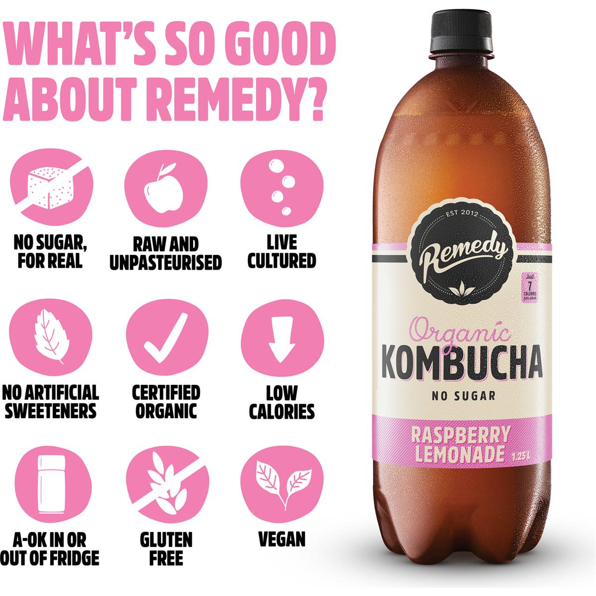 Remedy Organic Kombucha Raspberry Lemonade 1.25l Woolworths