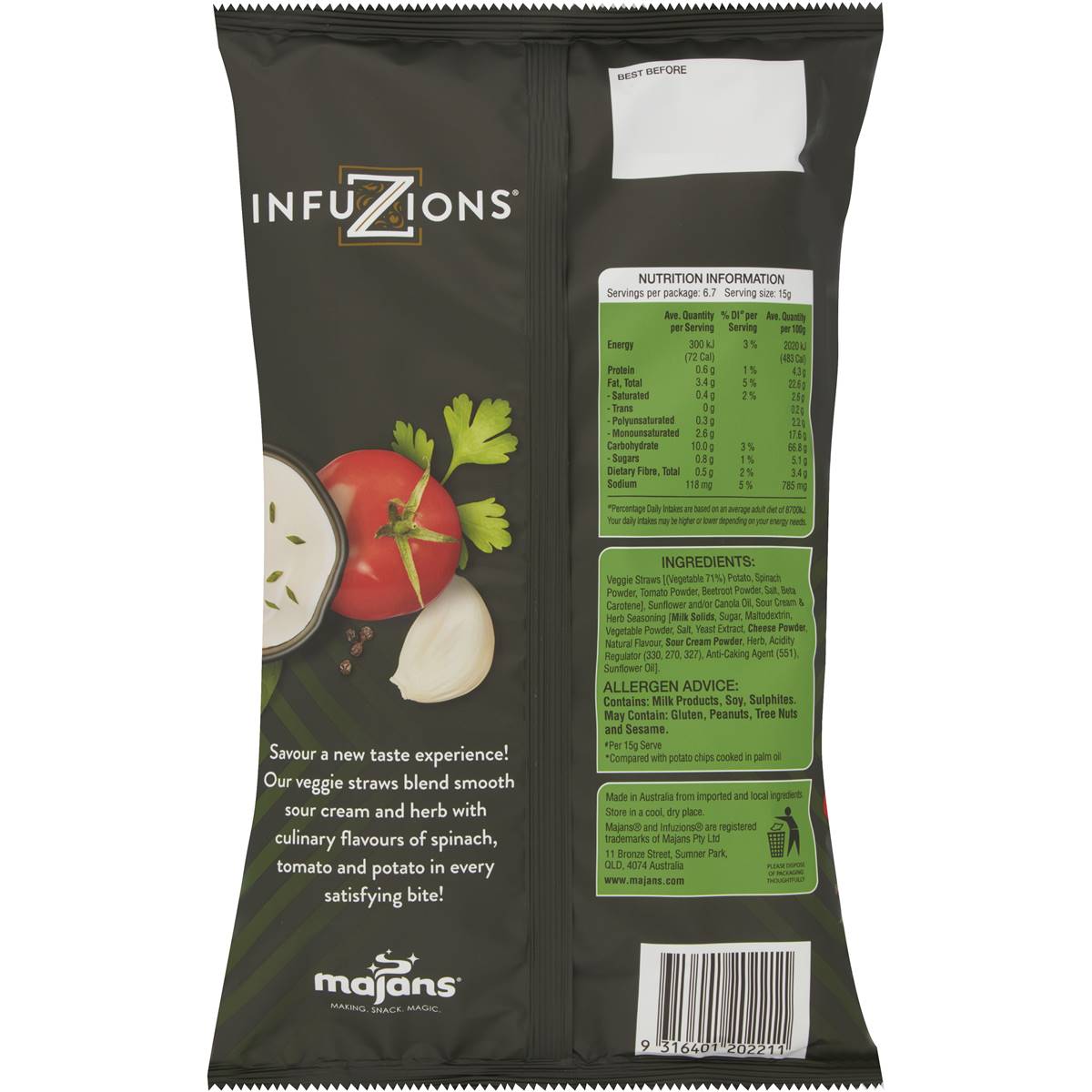 Infuzions Veggie Straws Sour Cream & Herb Flavour 100g Woolworths