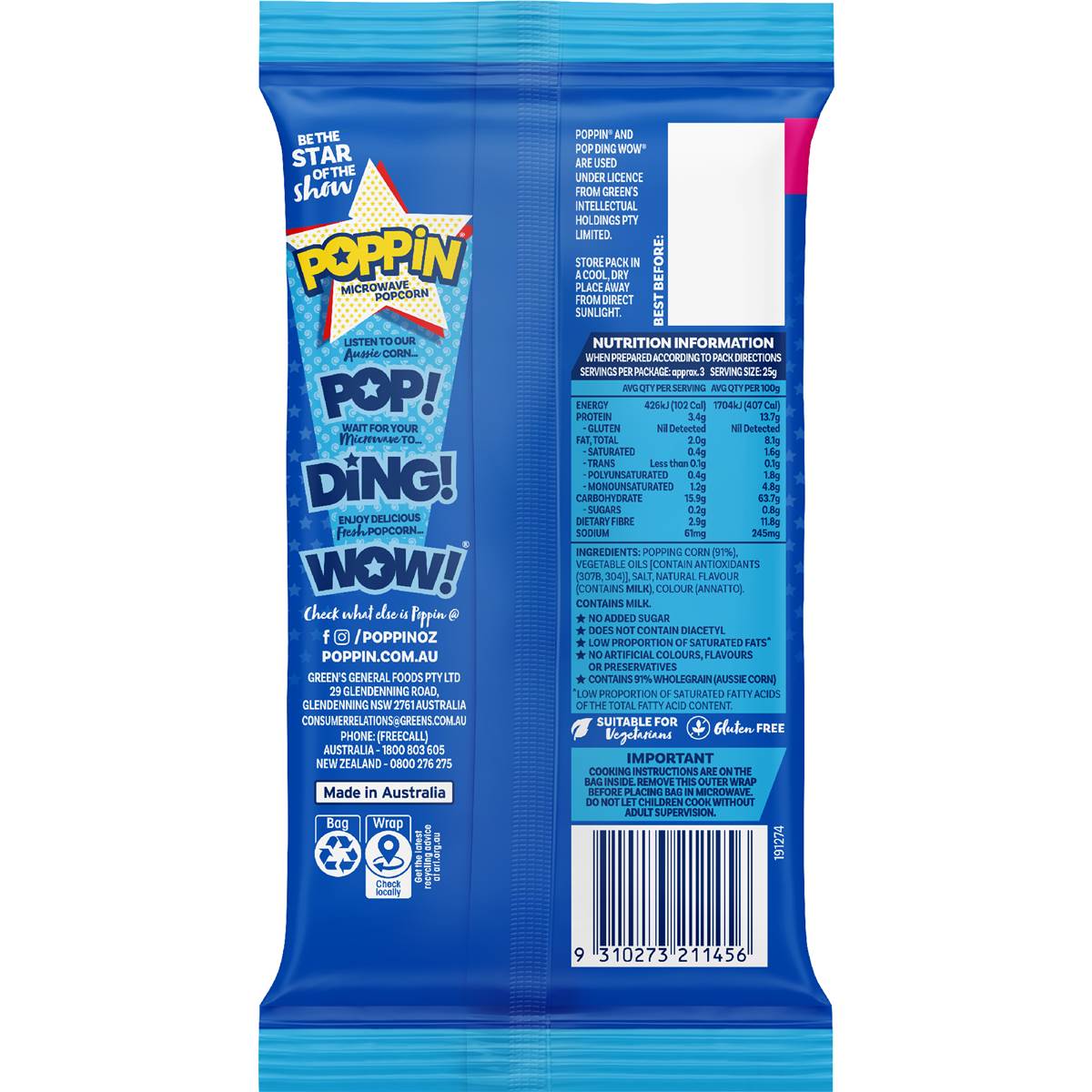 Poppin Microwave Popcorn Lite Butter Flavour 85g Woolworths