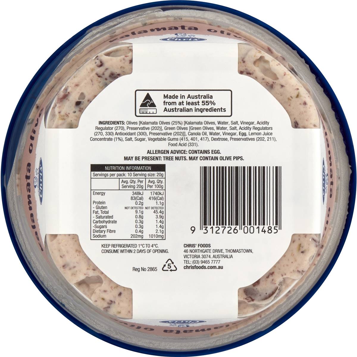 Chris' Kalamata Olive Dip 200g Woolworths