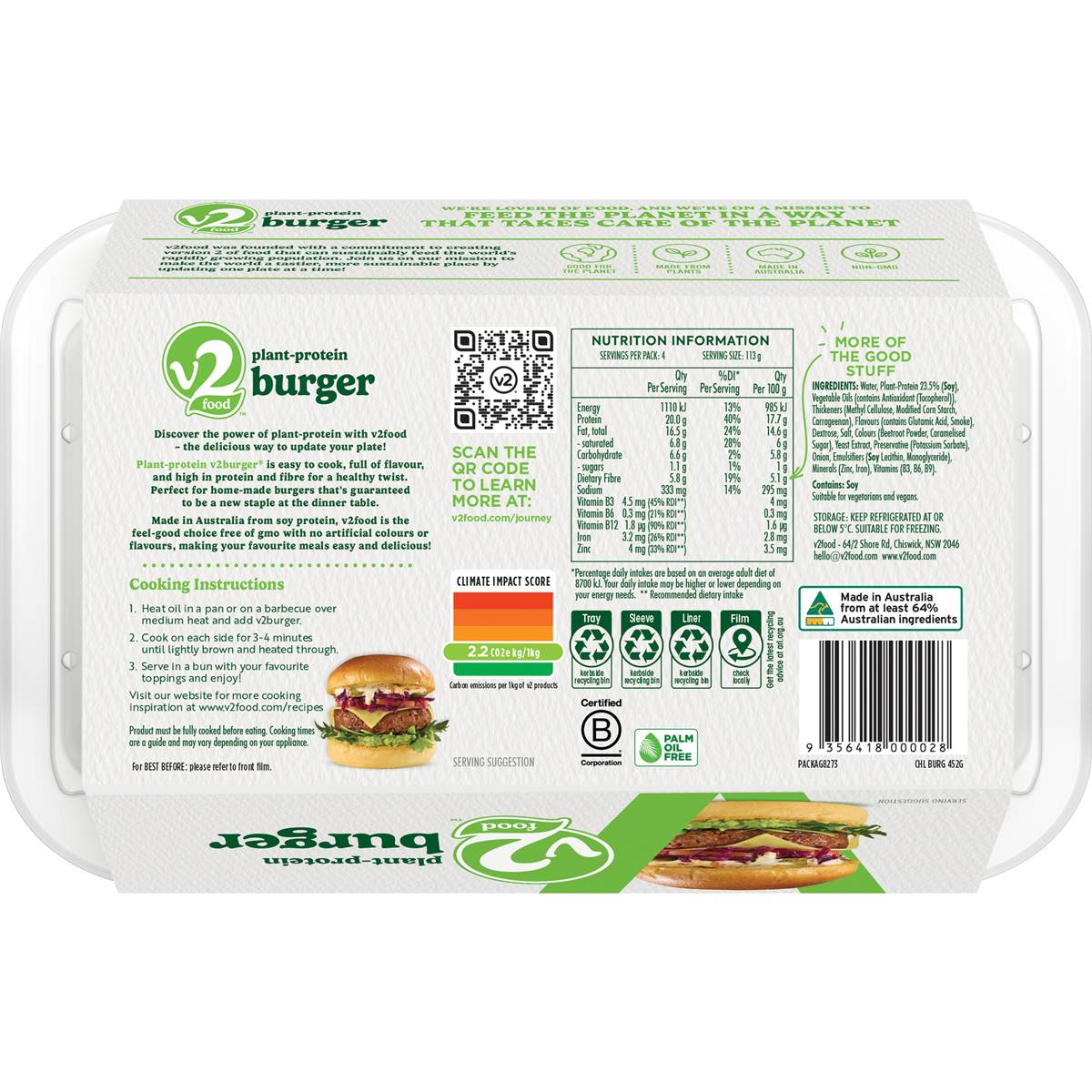 V2 Plant Based Burgers 4 Pack 452g Woolworths