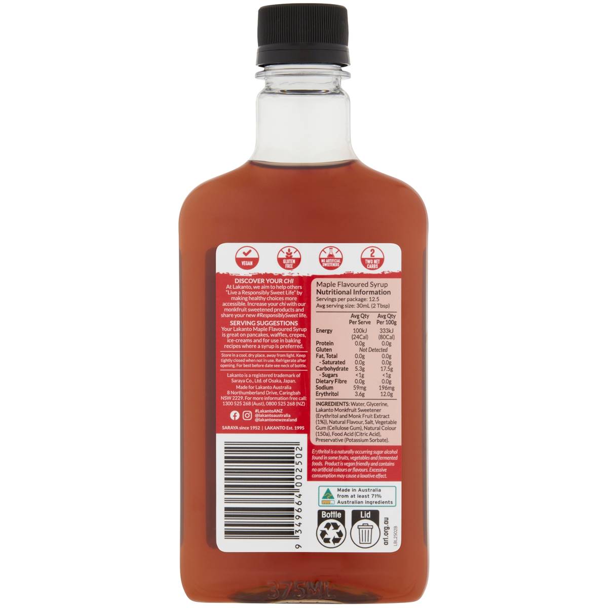 Lakanto Maple Flavoured Syrup 375ml Woolworths