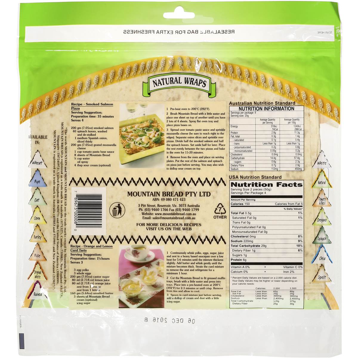 Mountain Bread Natural Light Wraps 8 Pack Woolworths