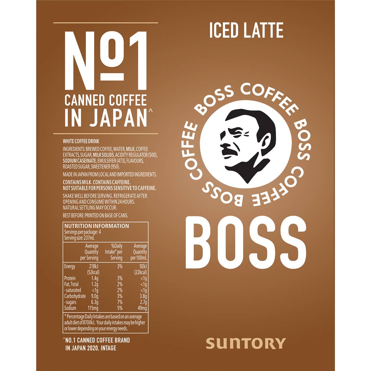 Suntory Boss Coffee Iced Latte Cans 237ml X4 Pack Woolworths