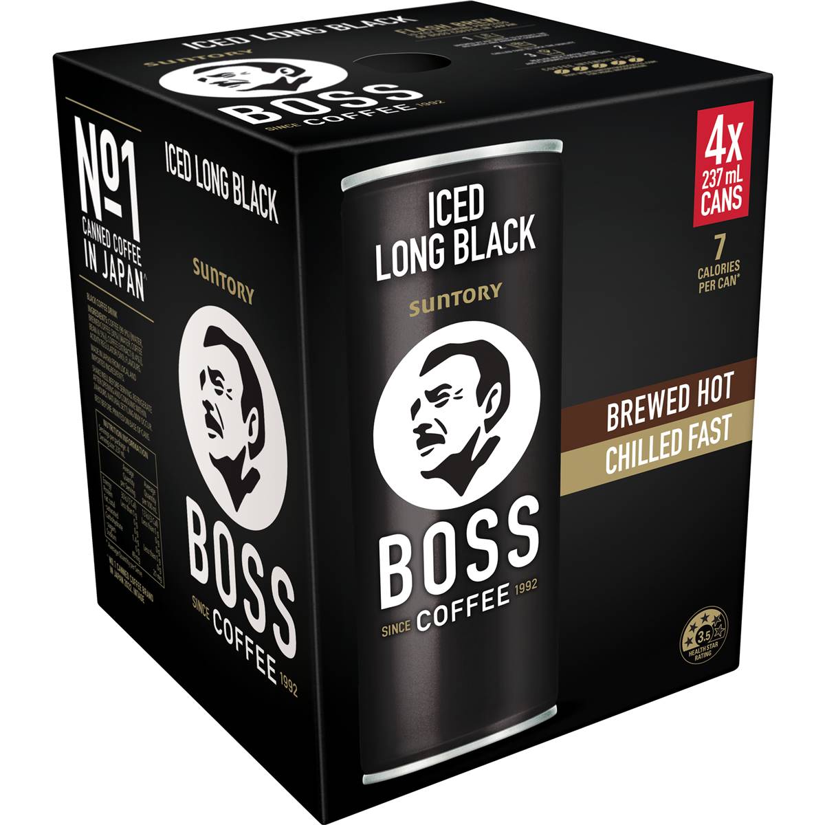 Suntory Boss Coffee Iced Long Black Cans 237ml X4 Pack | Woolworths