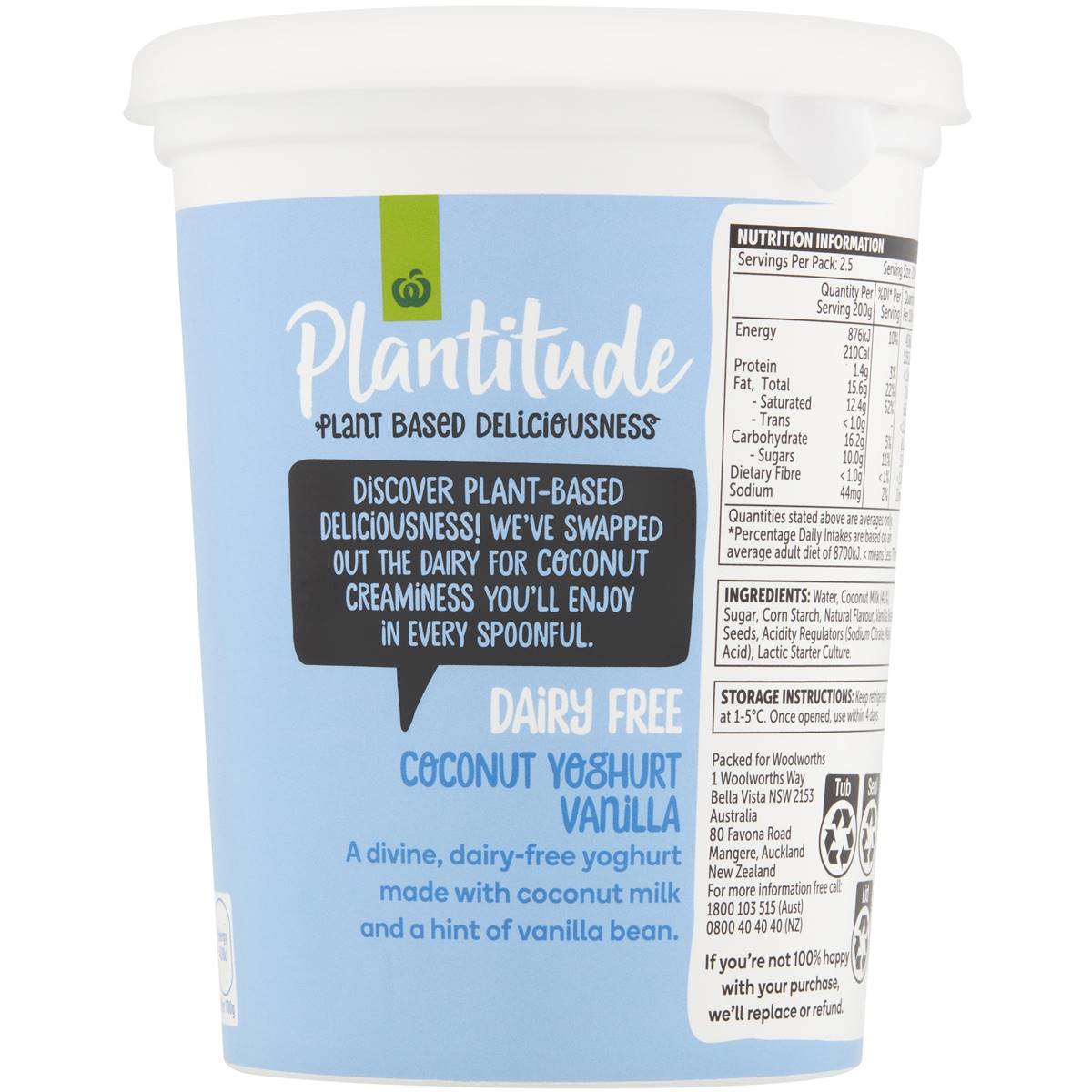 Woolworths Plantitude Dairy Free Coconut Yoghurt Vanilla 500g Woolworths