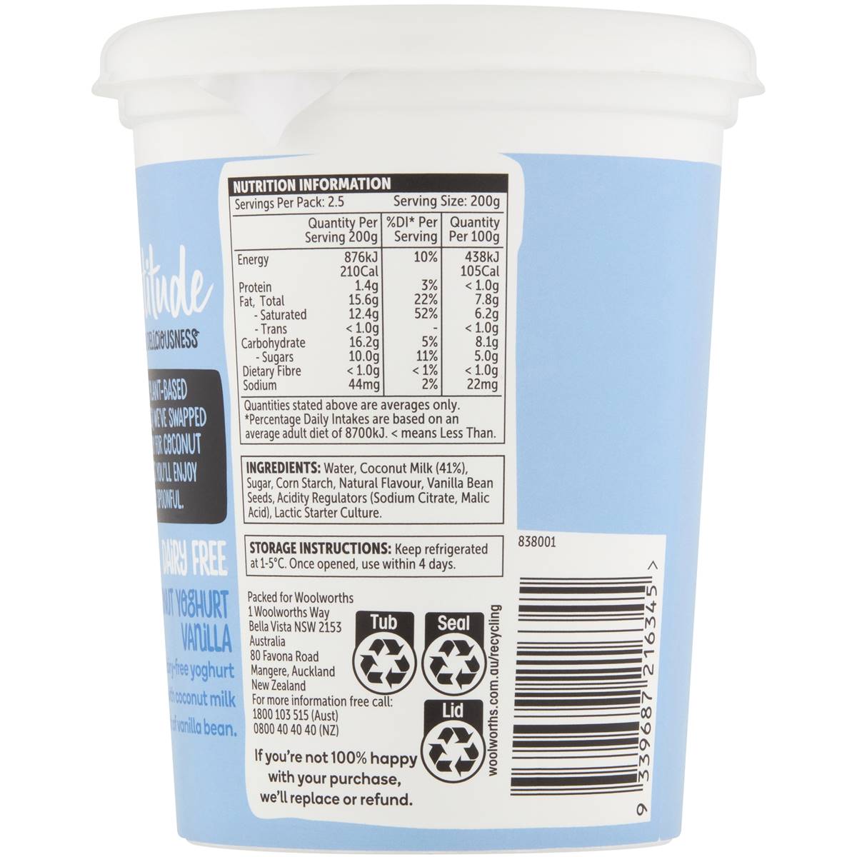 Woolworths Plantitude Dairy Free Coconut Yoghurt Vanilla 500g | Woolworths