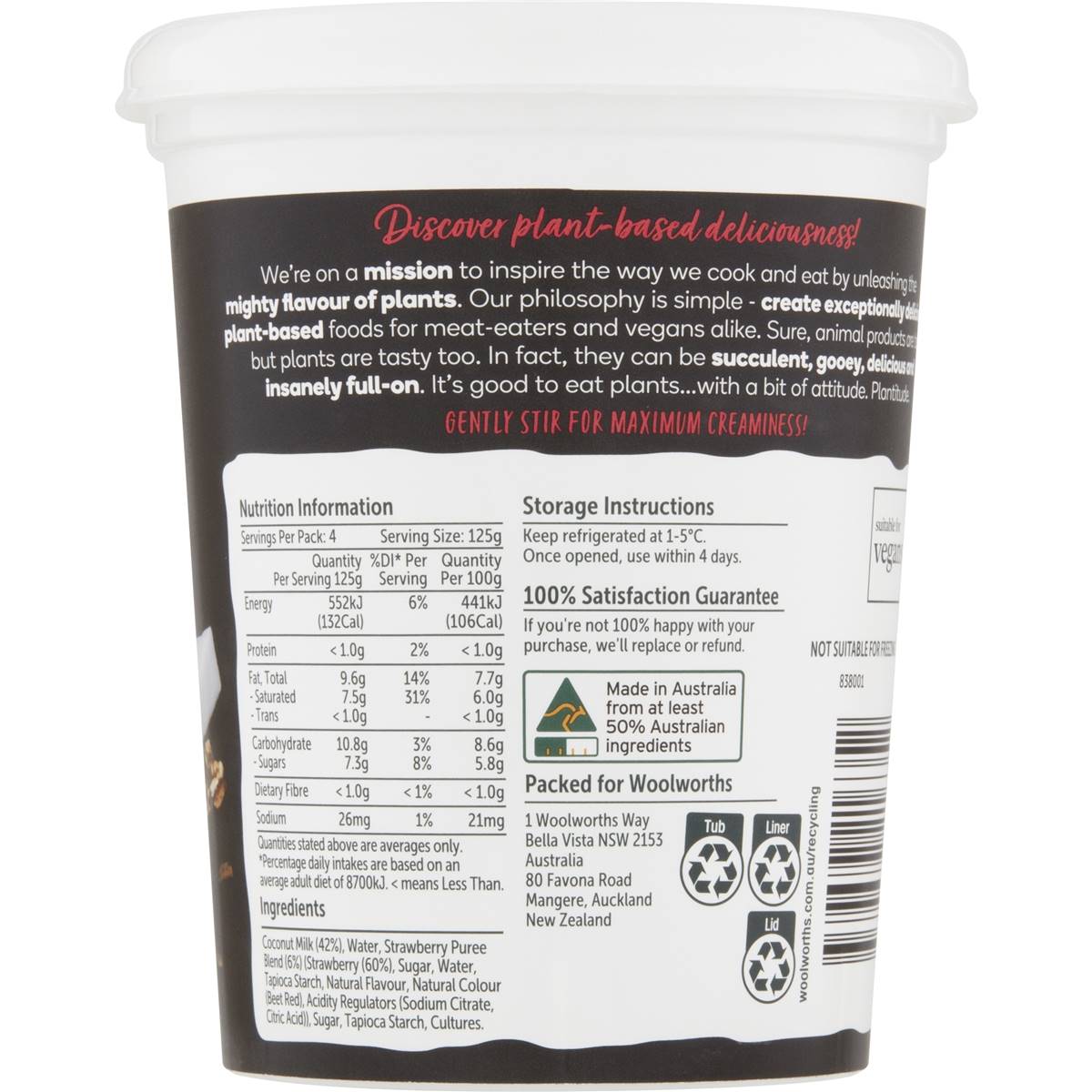 Woolworths Plantitude Dairy Free Coconut Yoghurt Strawberry 500g