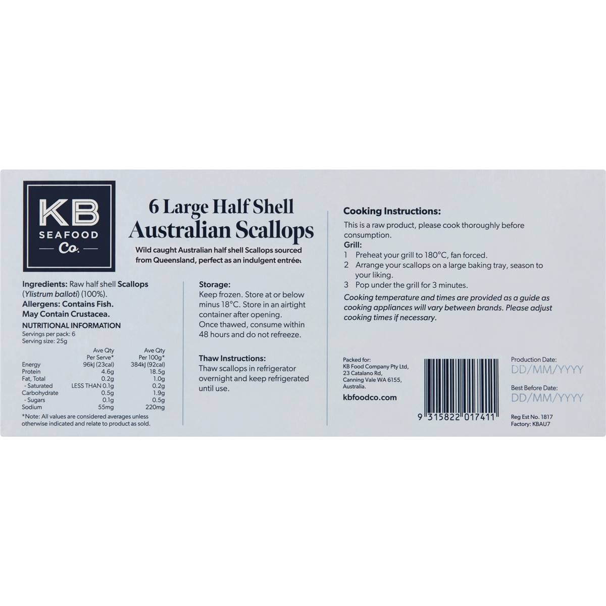 Kb's Large Half Shell Australian Scallops 150g Woolworths