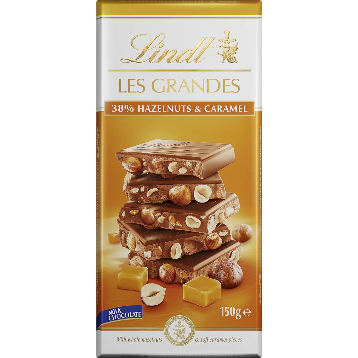 Lindt Les Grandes Milk Chocolate Hazelnut & Caramel Block 150g | Woolworths