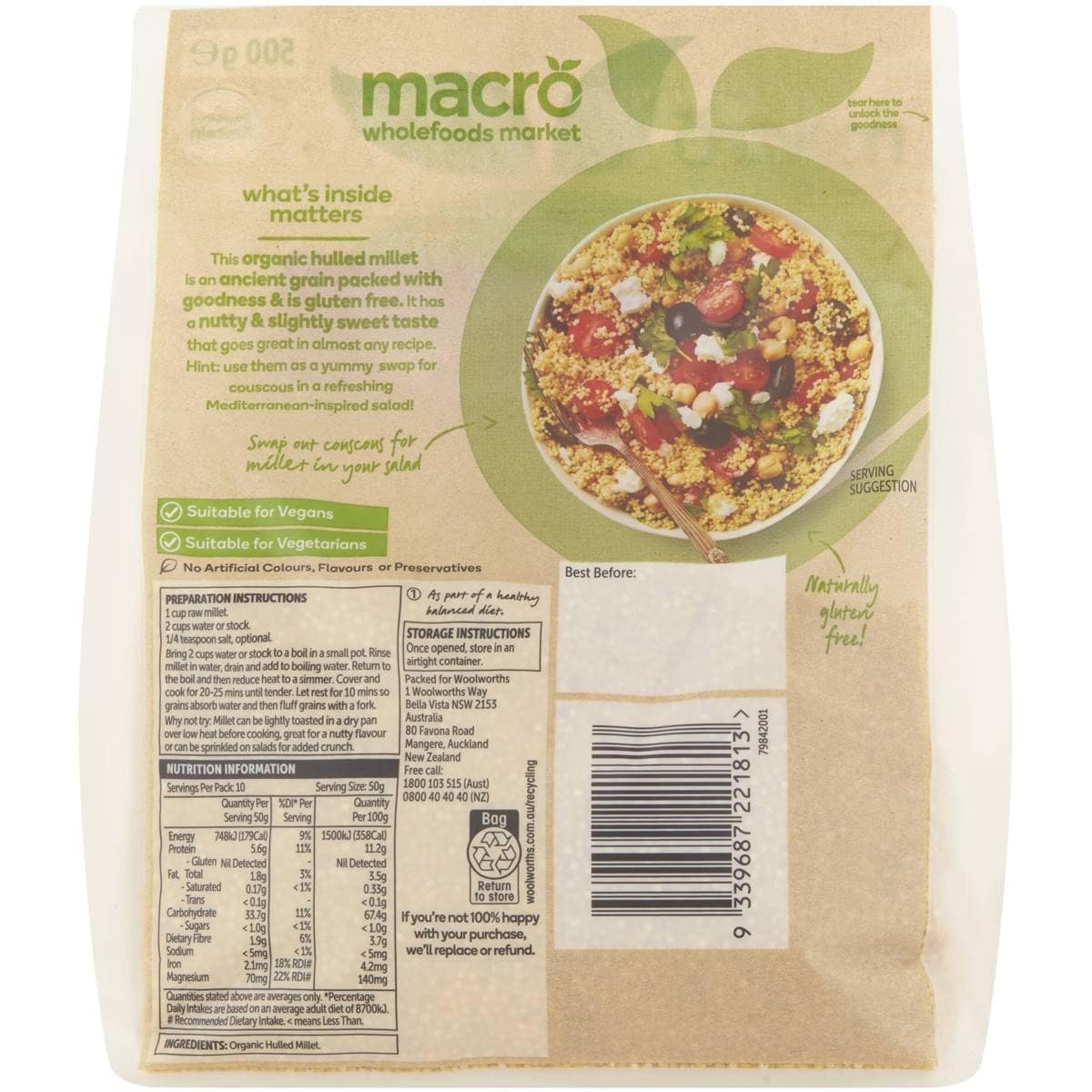 Macro Organic Australian Hulled Millet 500g Woolworths