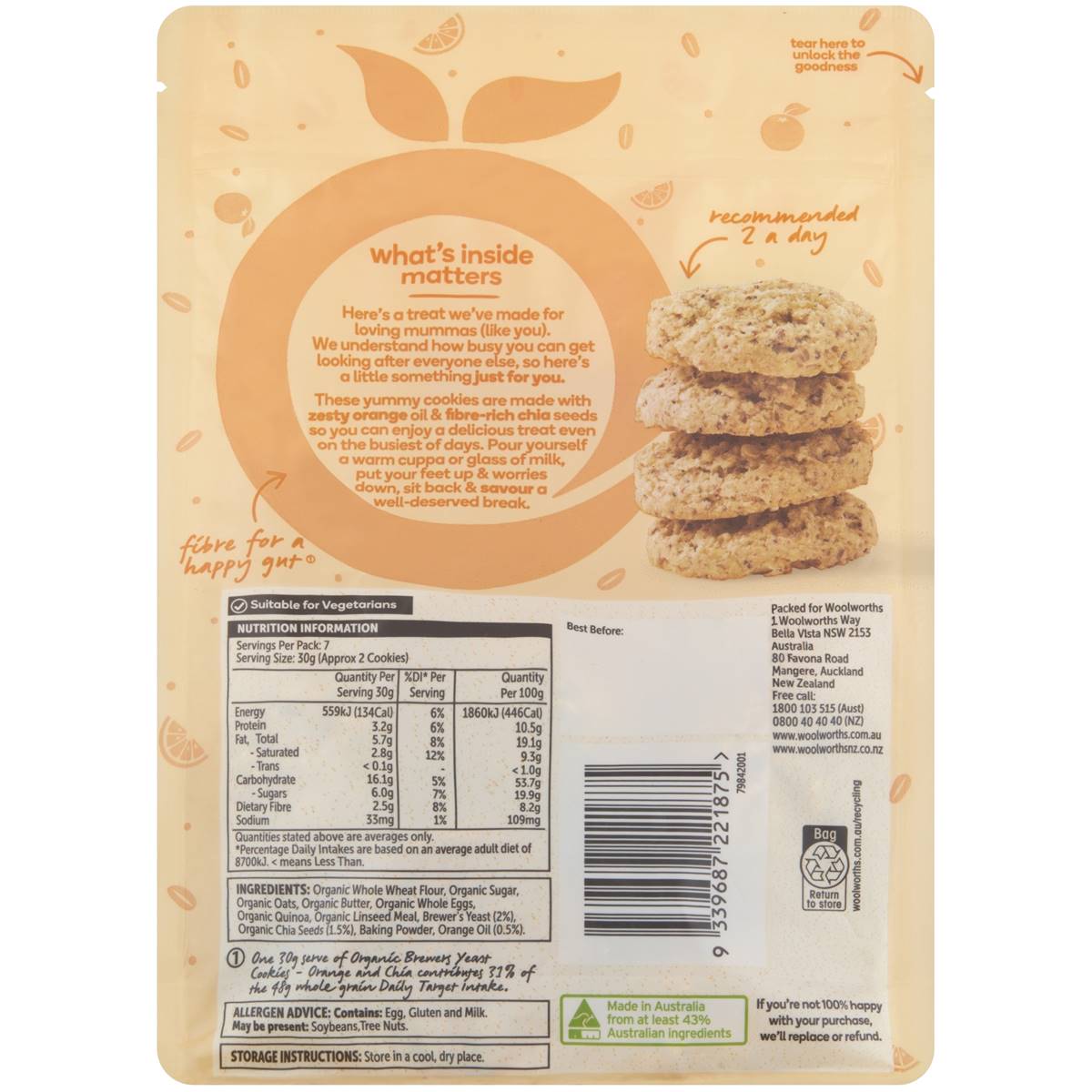 Macro Organic Brewers Yeast Cookies Orange & Chia 210g Woolworths