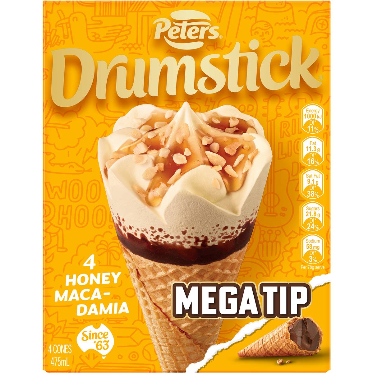 Peters Drumstick Mega Tip Honey Macadamia 4 Pack Woolworths