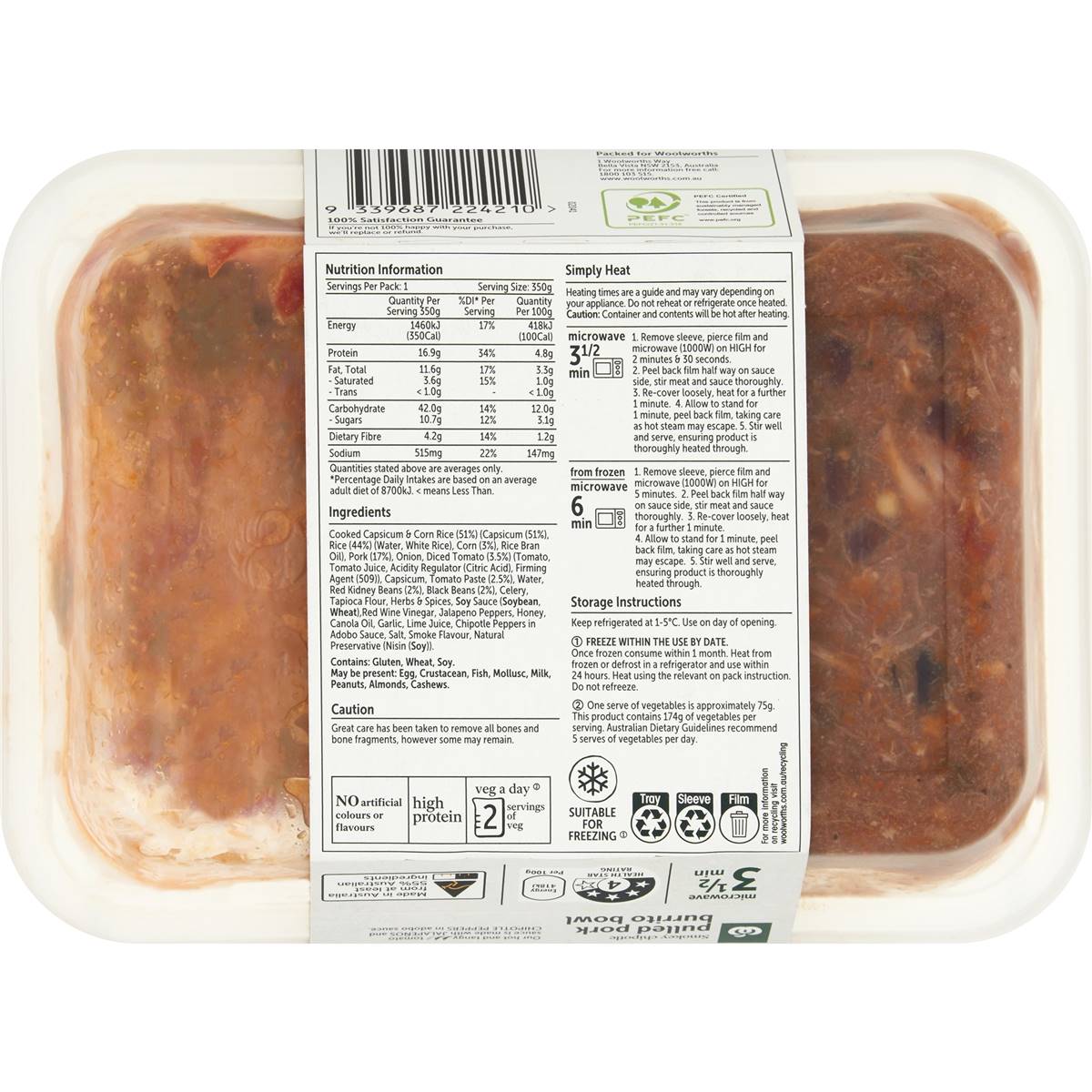 Woolworths Smokey Chipotle Pulled Pork Burrito Bowl Meal 350g Woolworths