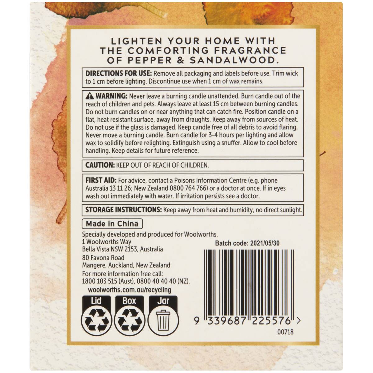 Zenzone Premium Candle Pepper & Sandlewood 260g Woolworths