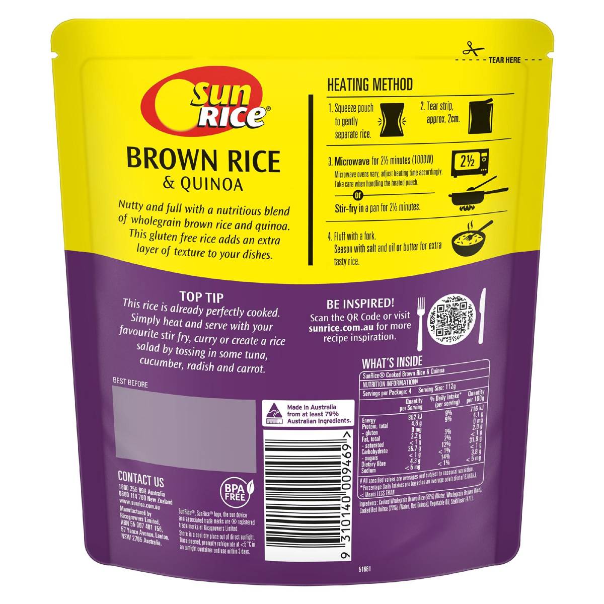 Sunrice Microwave Brown Rice & Quinoa Pouch 450g Woolworths