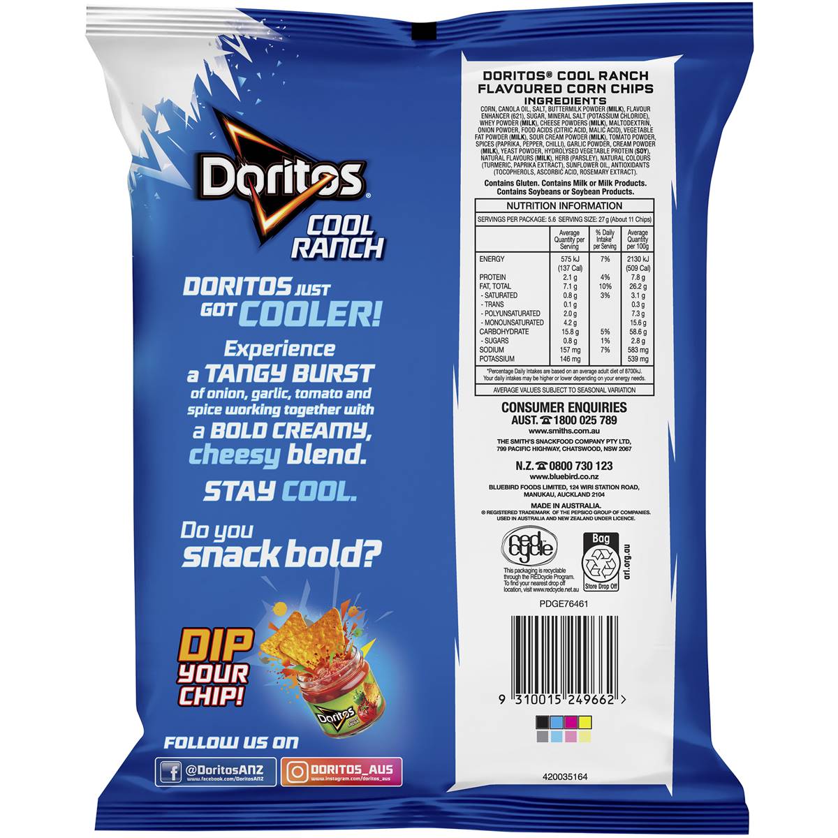 Doritos Corn Chips Cool Ranch 150g Woolworths
