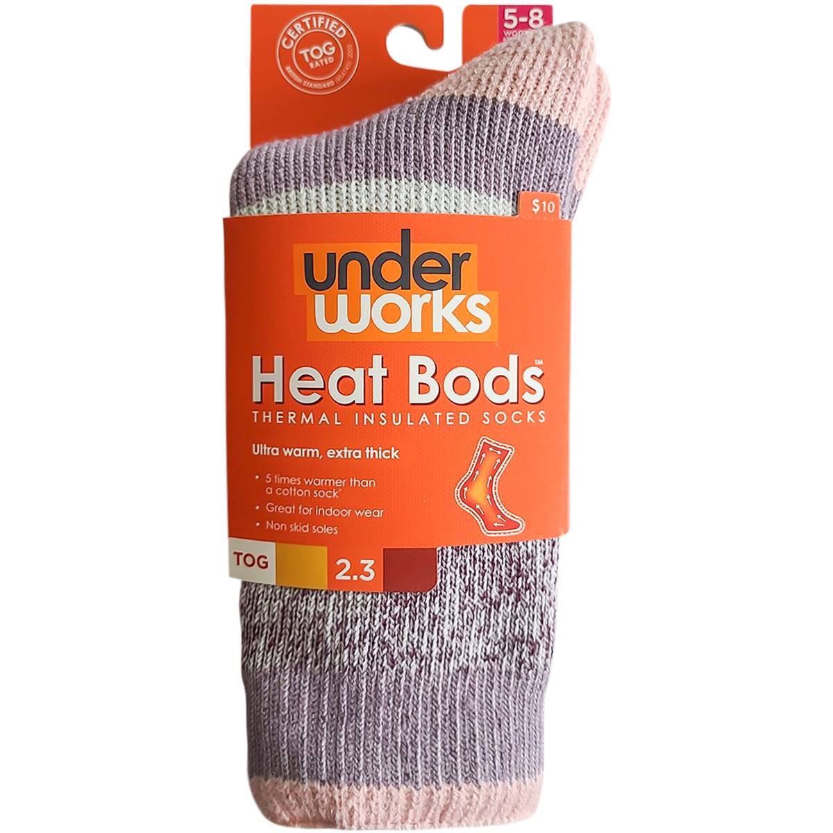 Underworks Ladies Heat Bods Thermal Tog 2.3 Socks Pink & Grey Size 5-8 ...