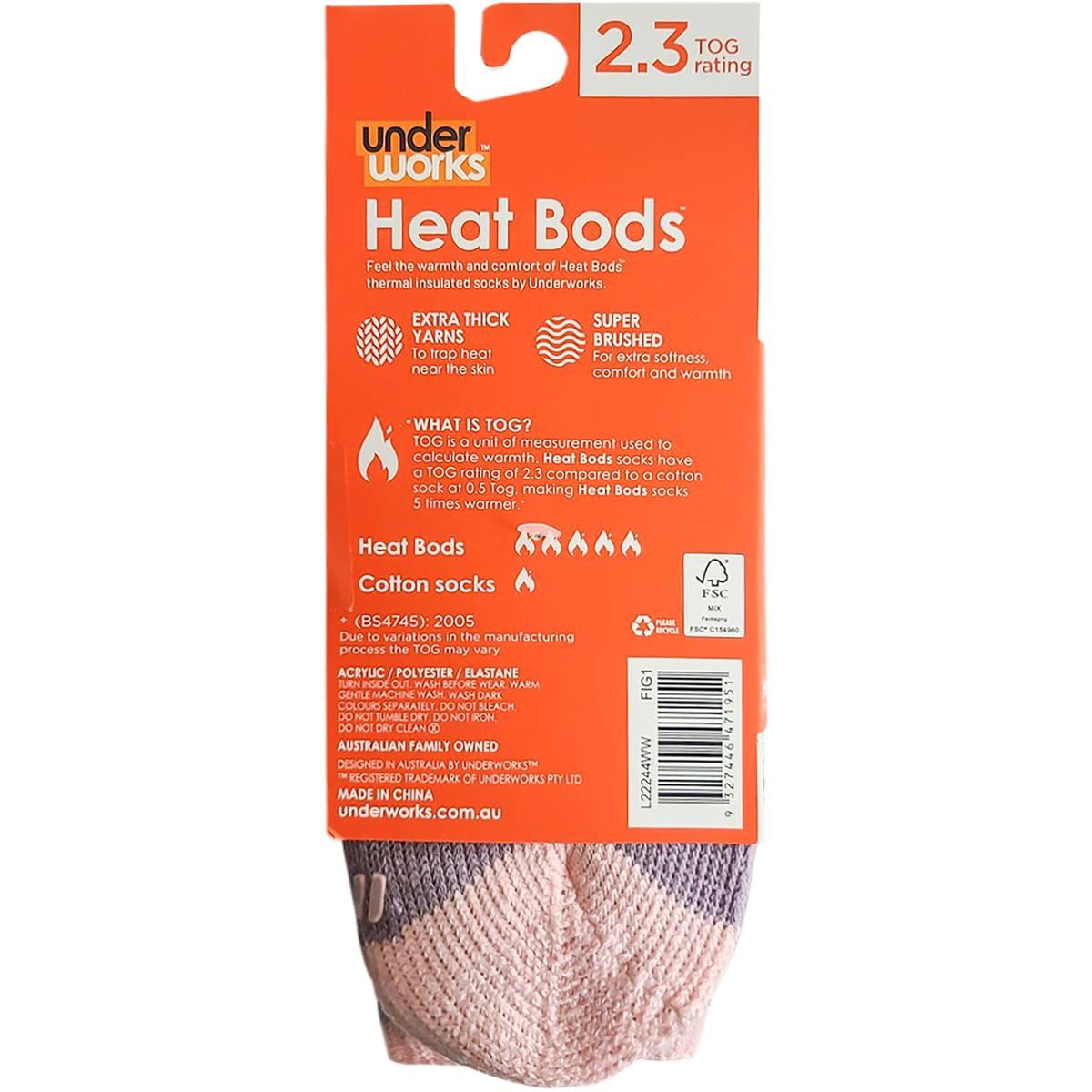 Underworks Ladies Heat Bods Thermal Tog 2.3 Socks Pink & Grey Size 58