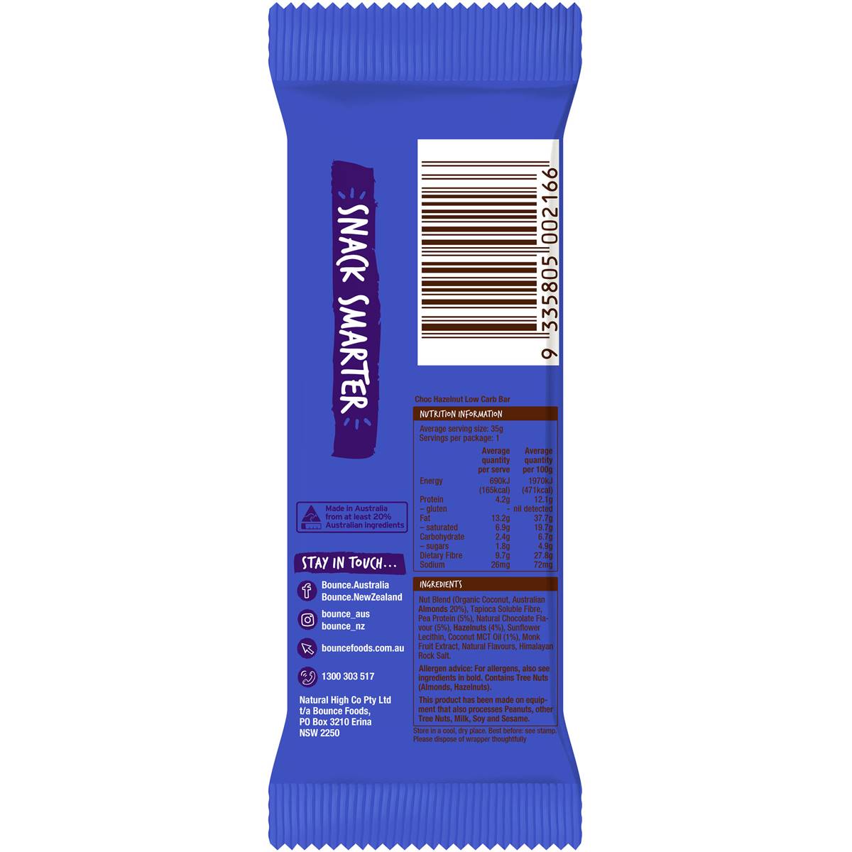 Bounce Low Carb Keto Bar Choc Hazelnut 35g Woolworths