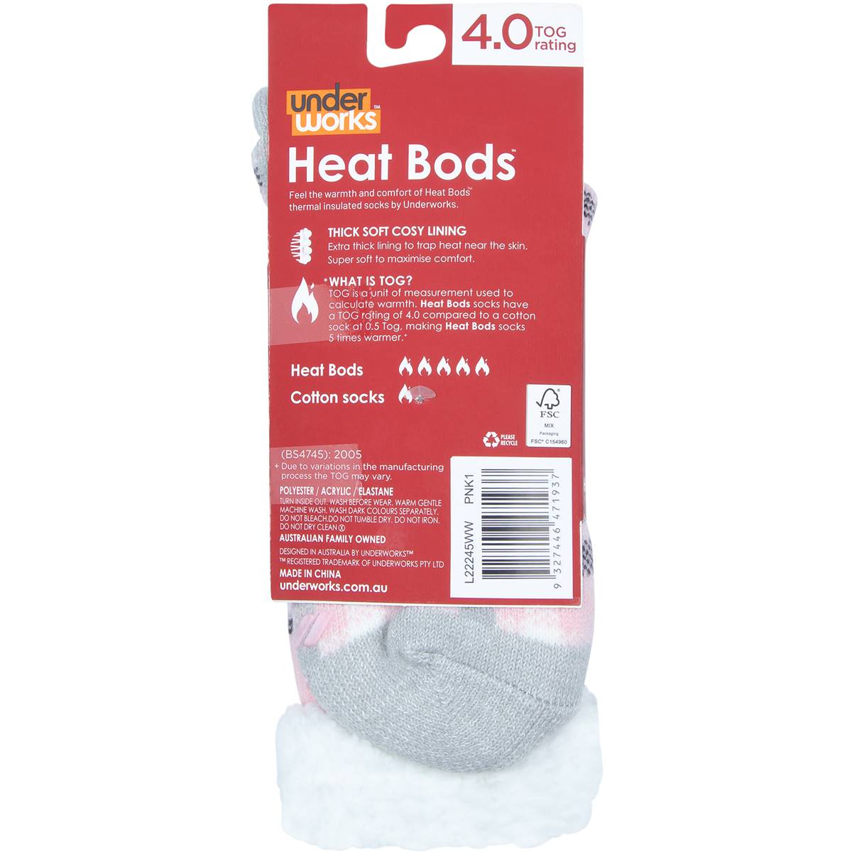 Underworks Ladies Heat Bods Thermal Tog 4 Socks Pink Size 58 Each