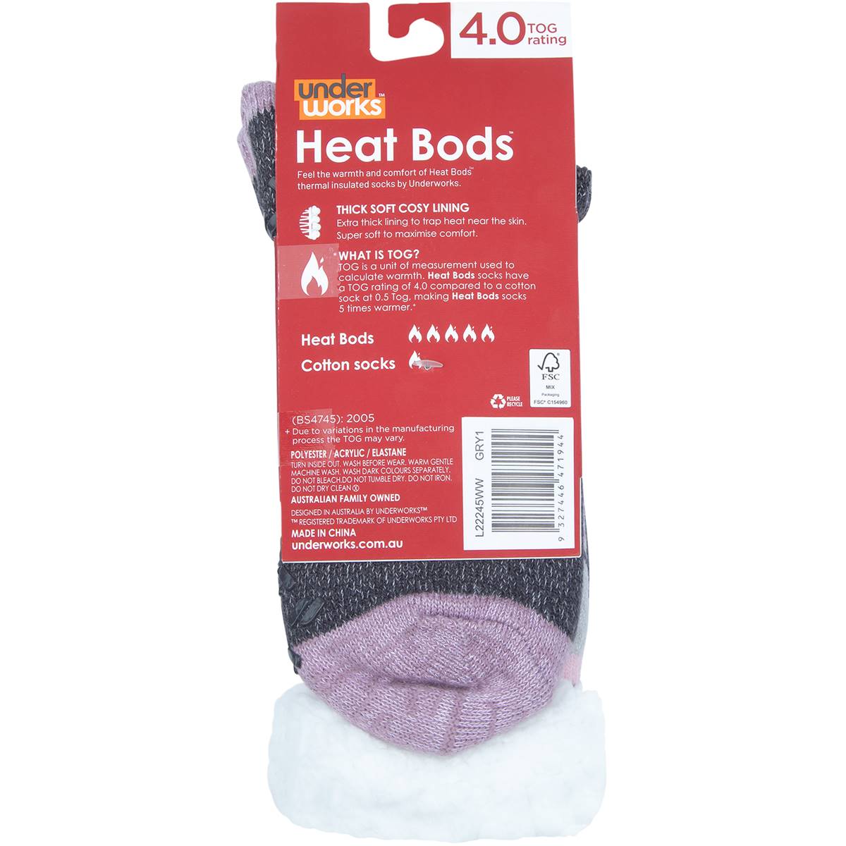 Underworks Ladies Heat Bods Thermal Tog 4 Socks Grey Size 58 1 Pair