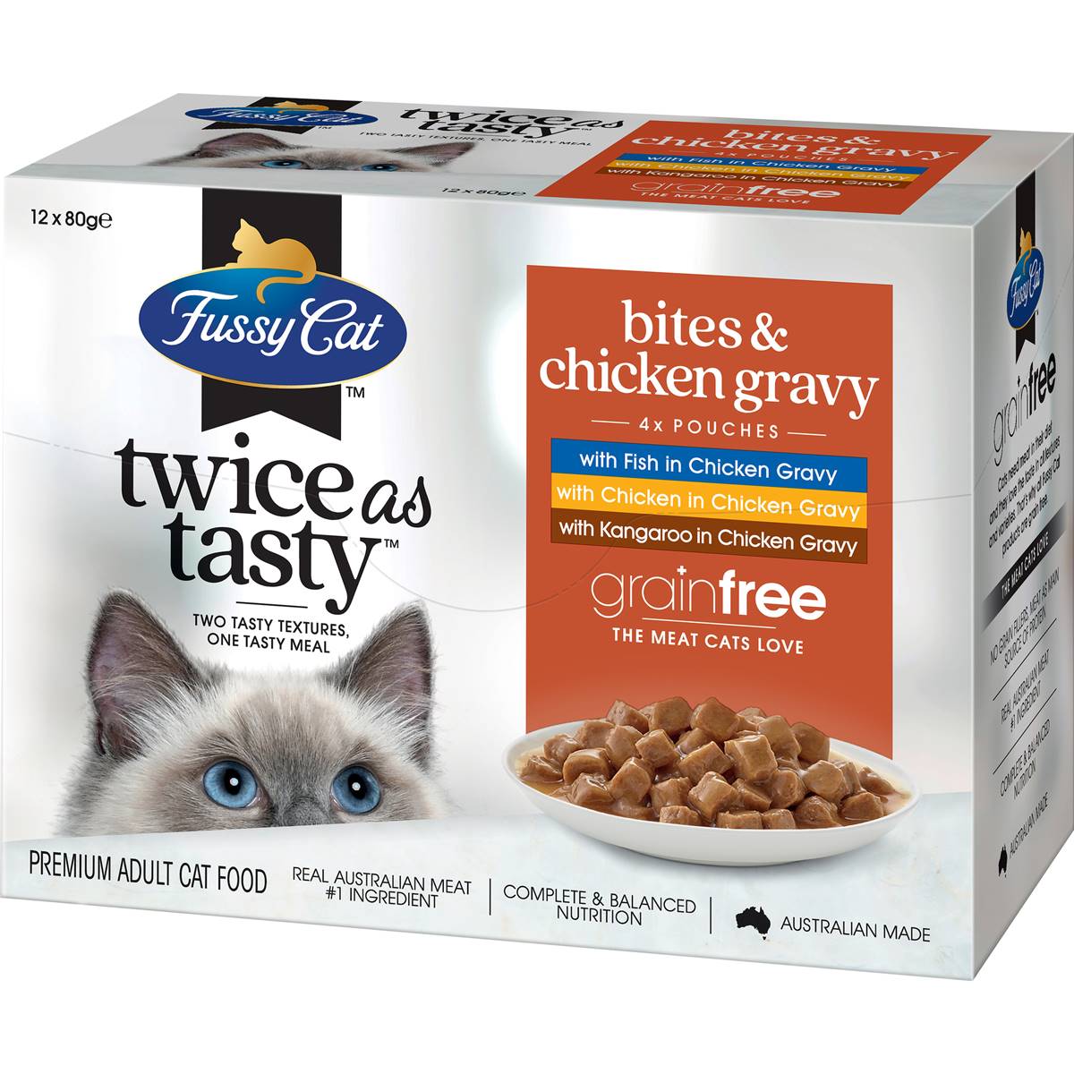 Fussy Cat Grain Free Adult Wet Cat Food Bites Chicken Gravy 80g X12 