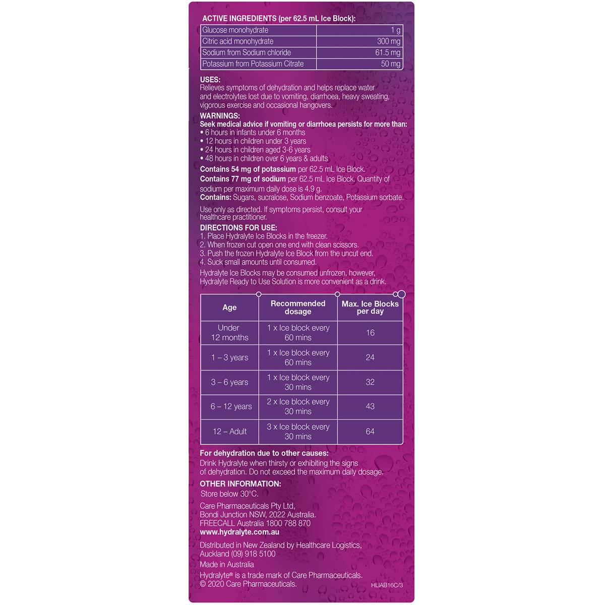 Hydralyte Electrolyte Ice Blocks Apple Blackcurrant 16 Pack Woolworths