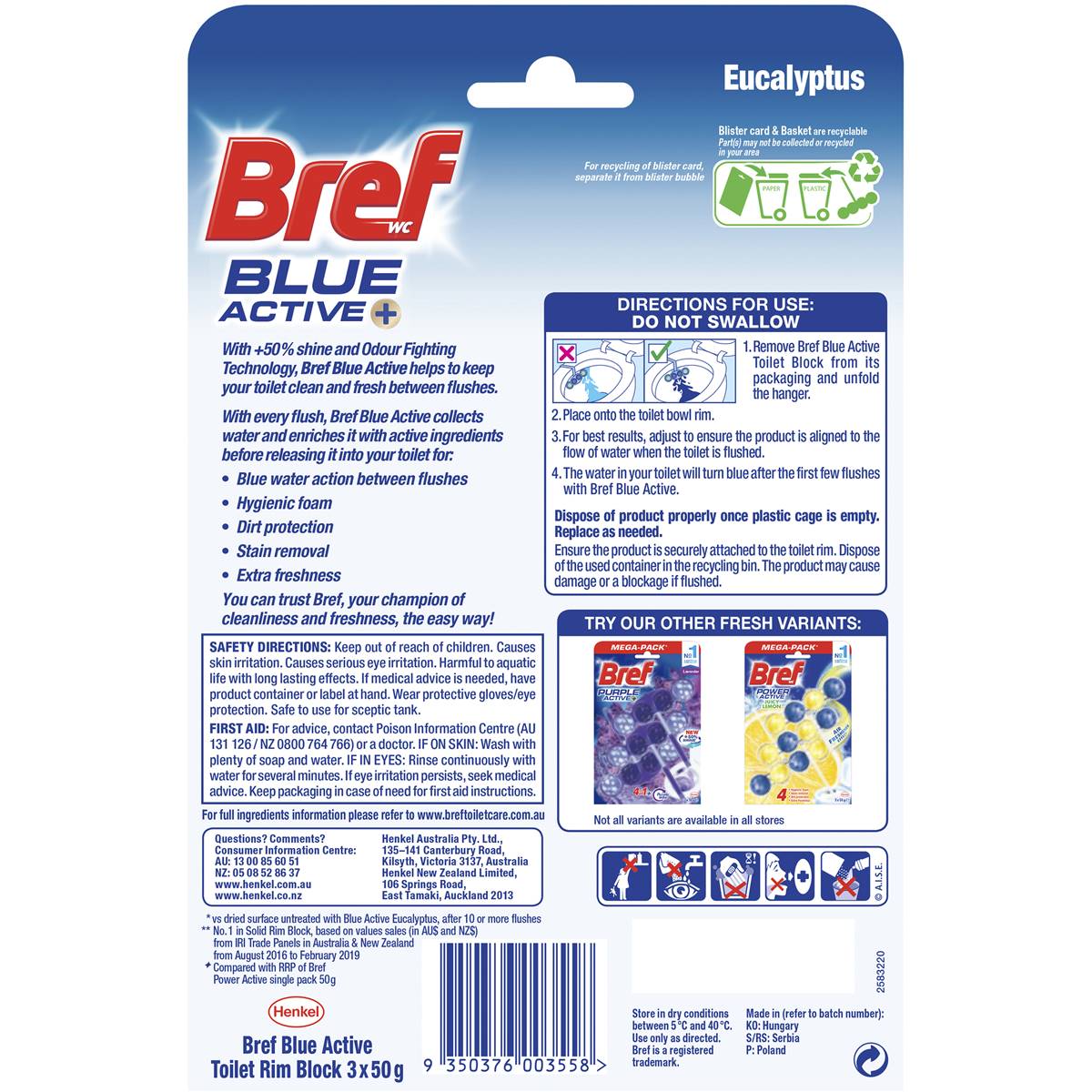 Bref Blue Active Eucalyptus Toilet Cleaner Block 50g X 3 Pack Woolworths