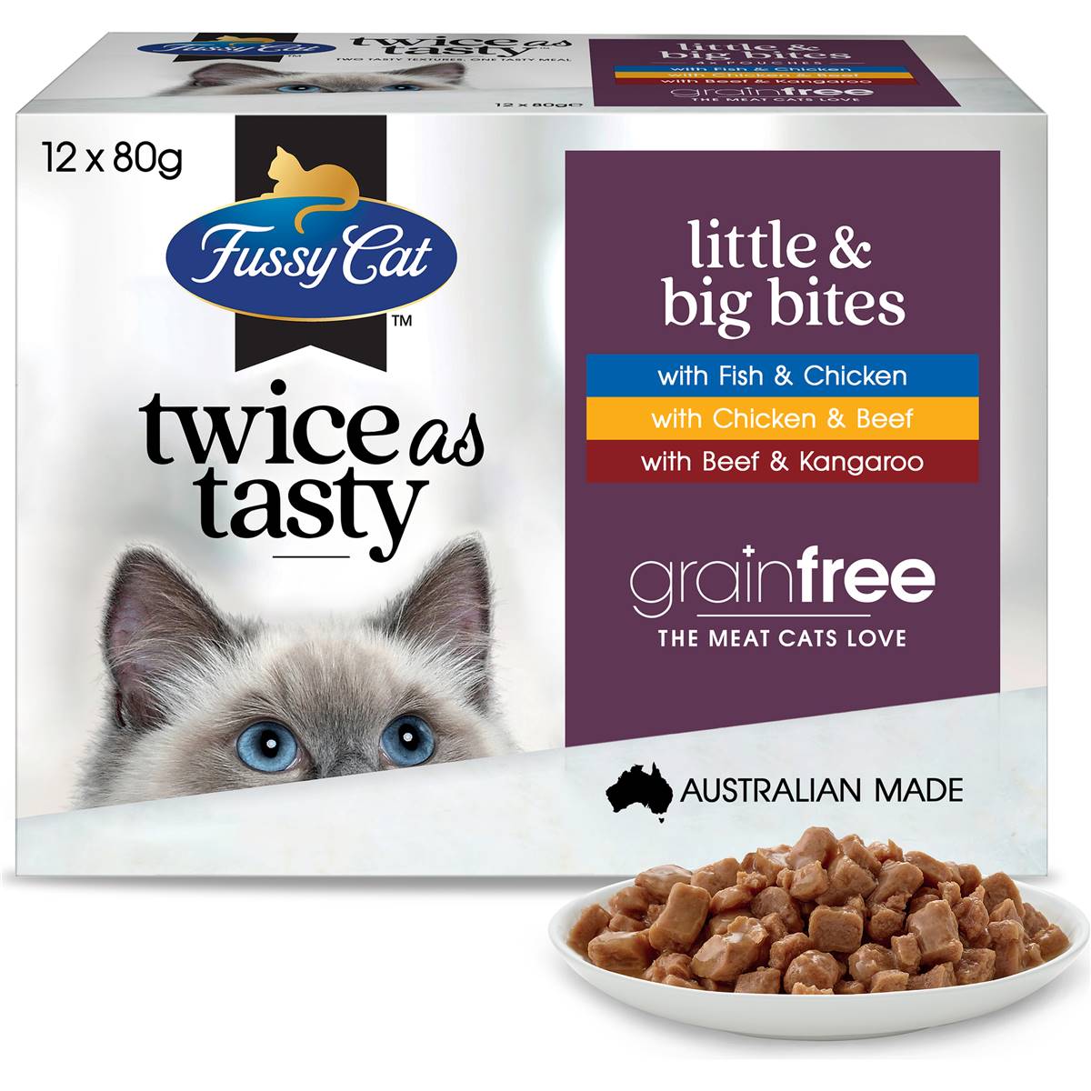 Fussy Cat Grain Free Adult Wet Cat Food Little & Big Bites 80g X12 Pack Woolworths