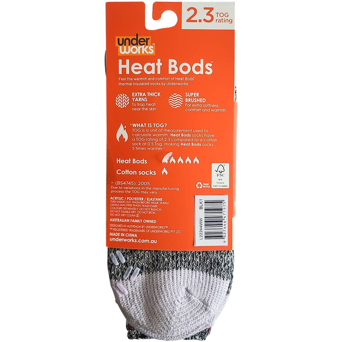 Underworks Ladies Heat Bods Thermal Tog 2.3 Socks Black Size 58 1 Pair