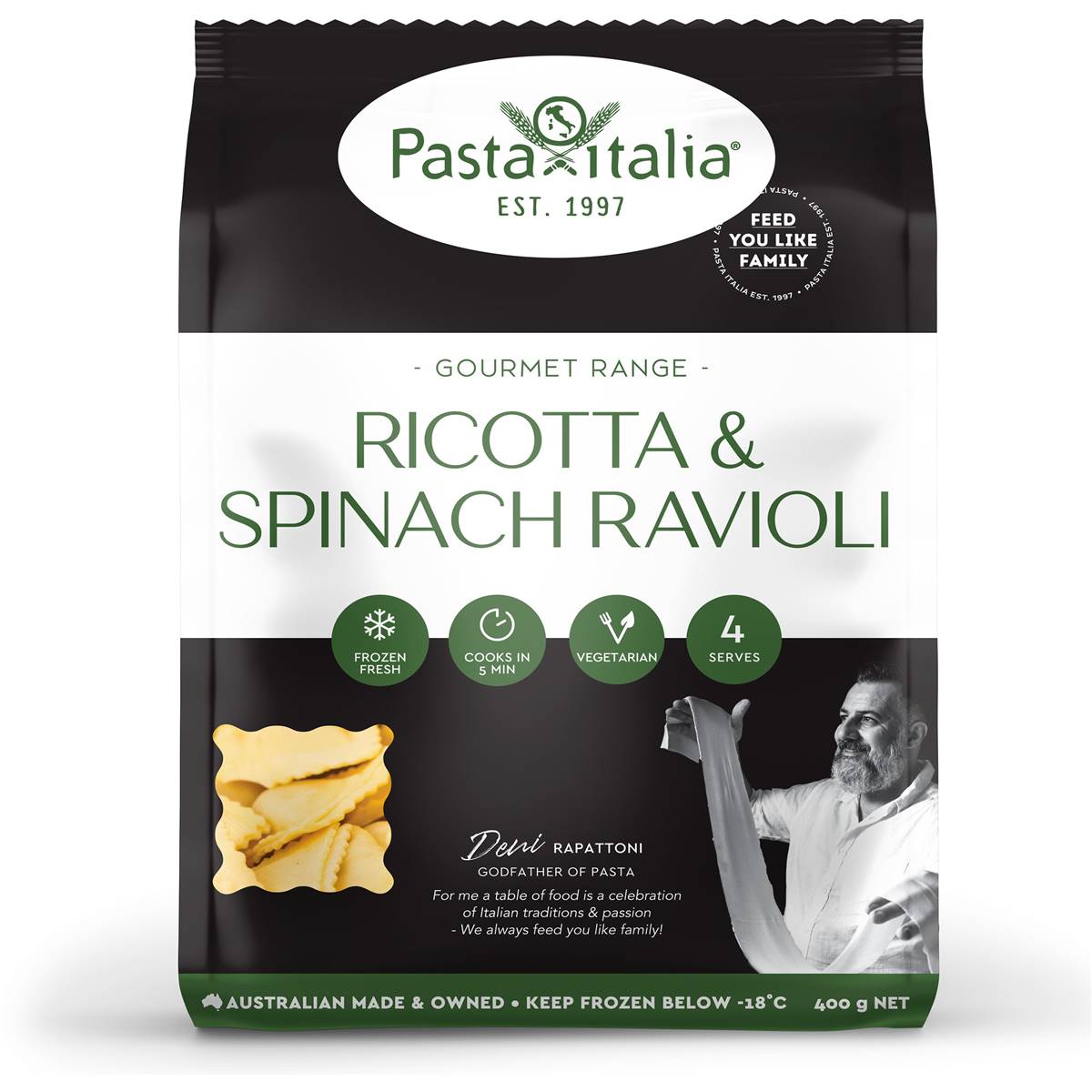 Pasta Italia Gourmet Spinach & Ricotta Ravioli Frozen Meal 400g