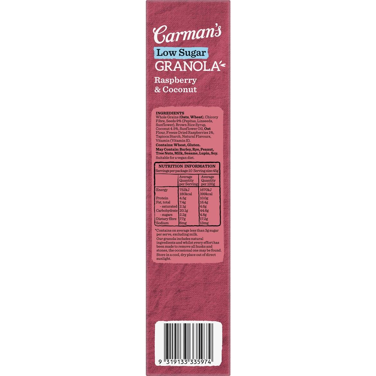 Carman's Granola Raspberry & Coconut Low Sugar 450g Woolworths