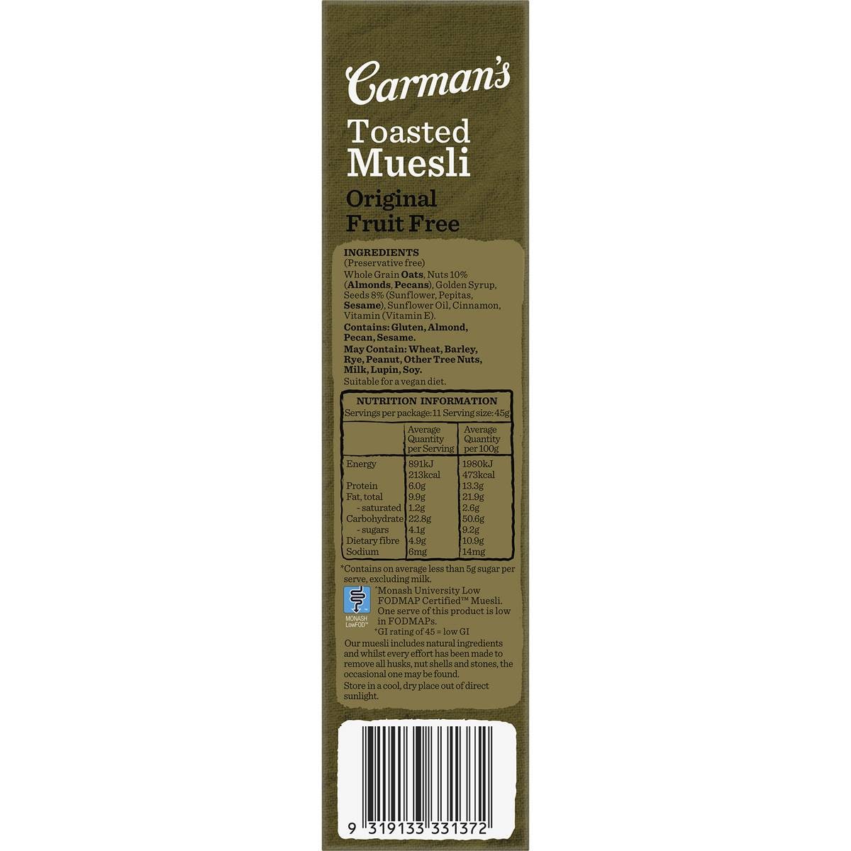 Carman's Muesli Toasted Original Fruit Free 500g Woolworths