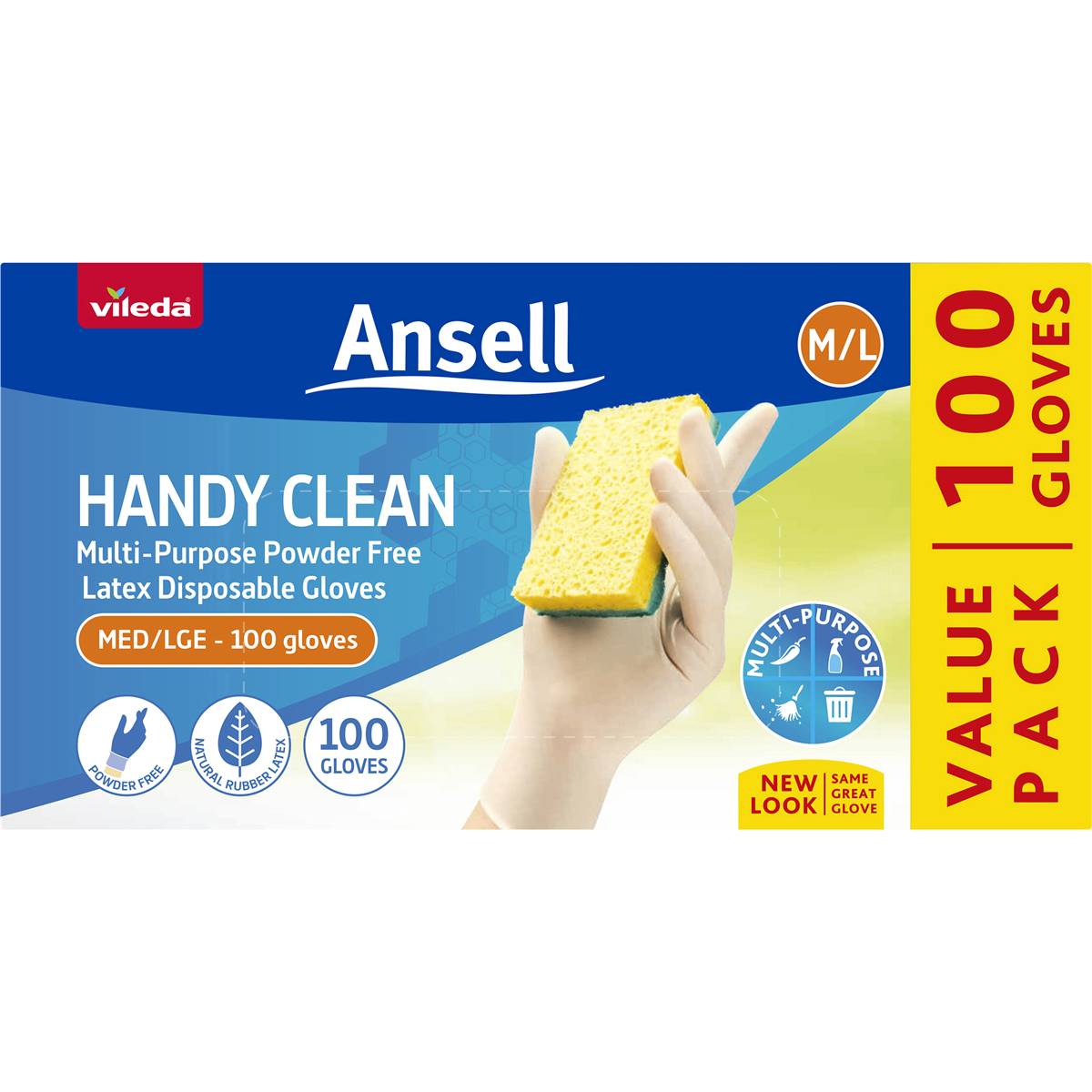 Vileda Ansell Handy Clean Latex Multipurpose Gloves M/l 100 Pack