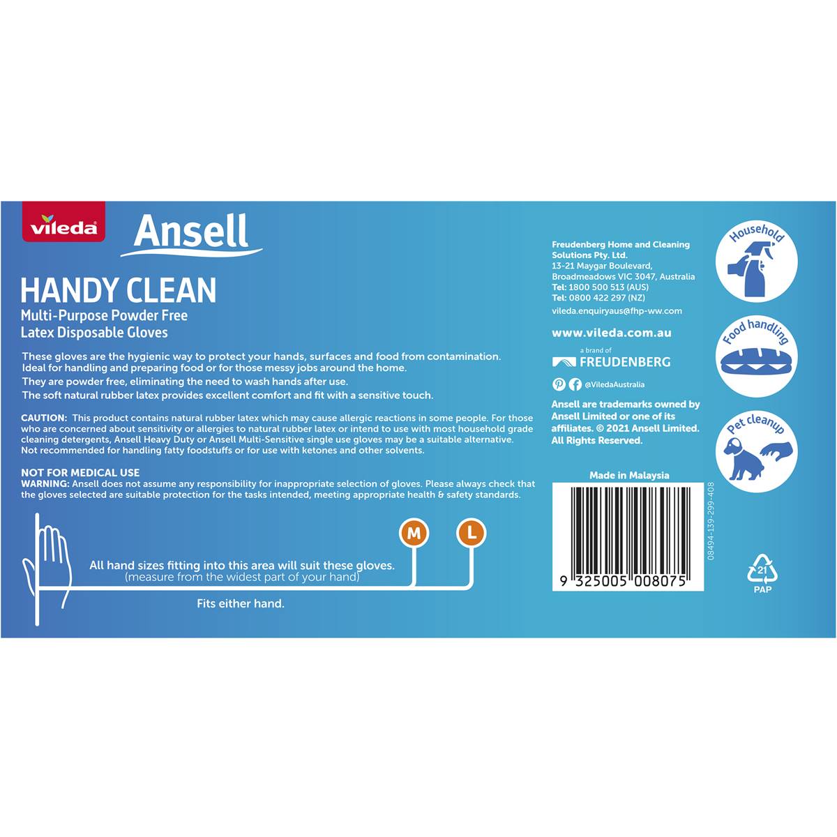 Vileda Ansell Handy Clean Latex Multipurpose Gloves M/l 100 Pack