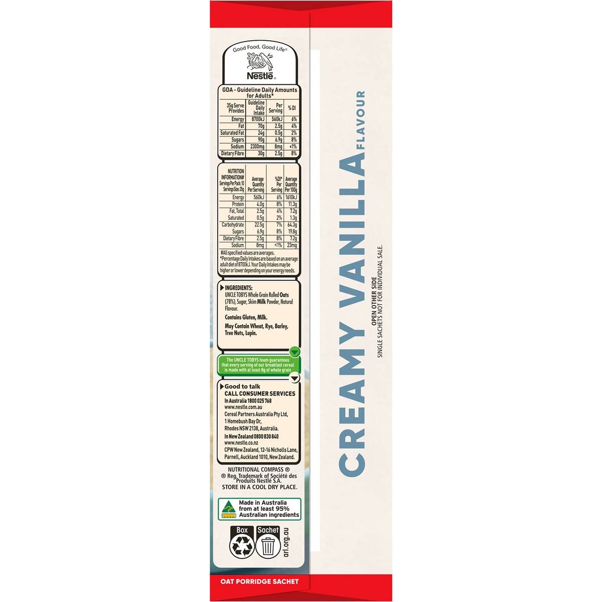 Uncle Tobys Oats Quick Sachets Creamy Vanilla Porridge 350g Woolworths